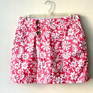 Lands' End Pink & White 100% Cotton Abstract Floral Prints Button Fly Skort - 10